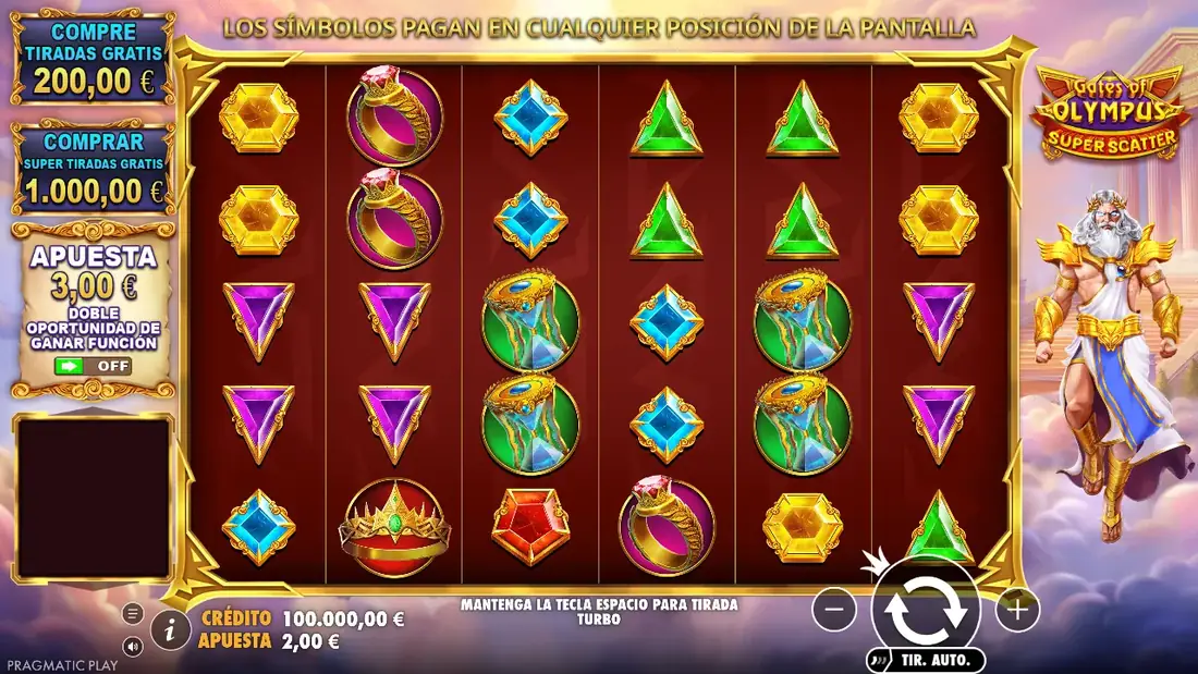 Gates of Olympus Super Scatter base game grid in demo mode